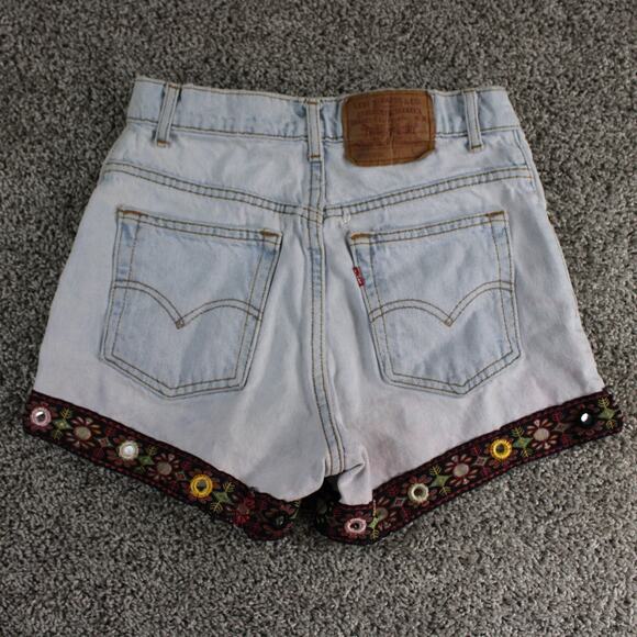 Levis Shorts Womens Juniors 7 Blue Demin Mid Rise 90s Vintage Aztec Trim - Picture 7 of 9